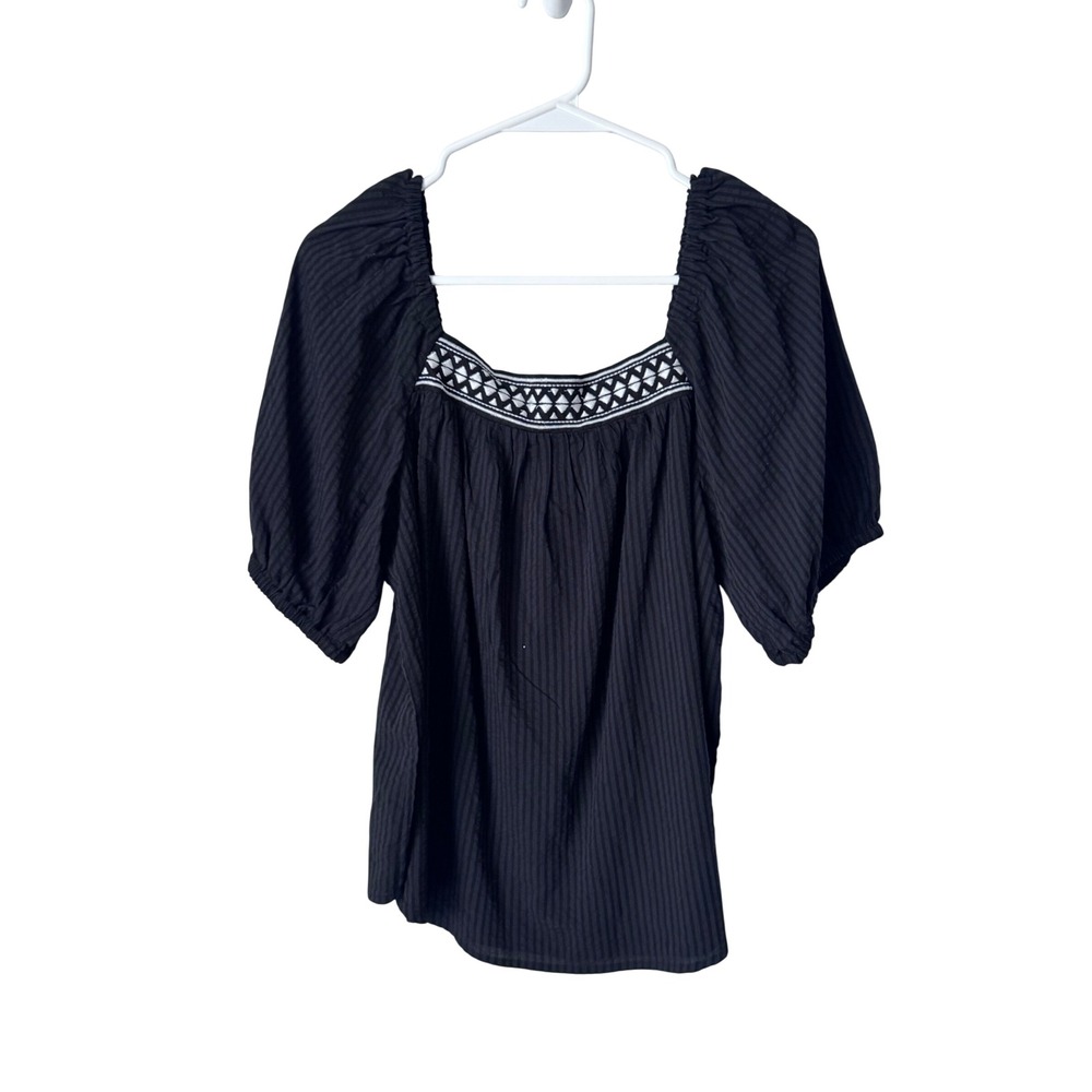 Maurices Black Embroidered Square Neck Puff Sleeve Blouse Large Tonal Stripe